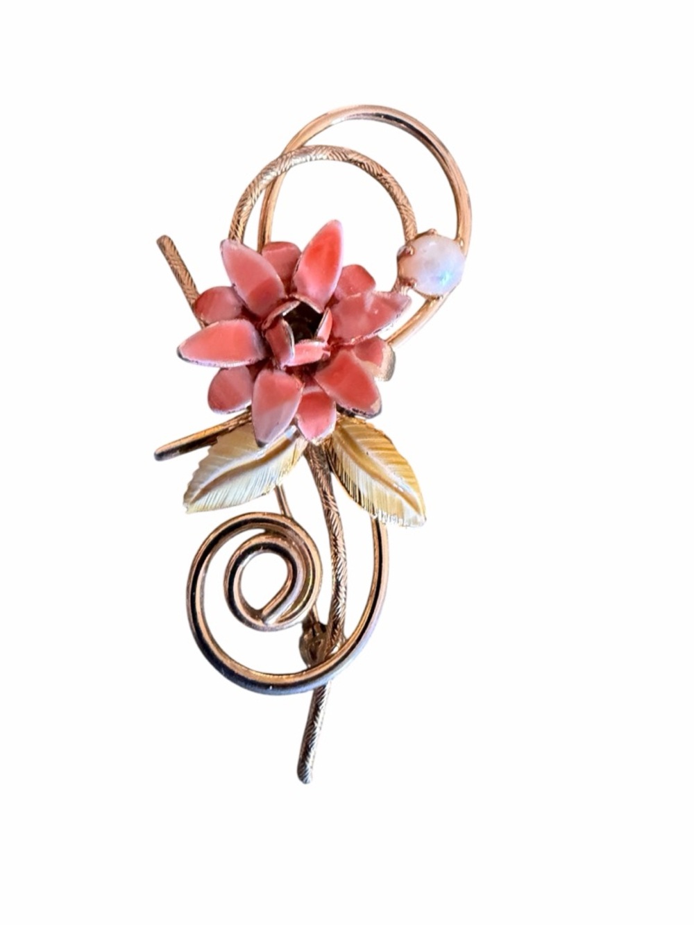 Vintage Coral Pink Flower Brooch with Cultured Pearl